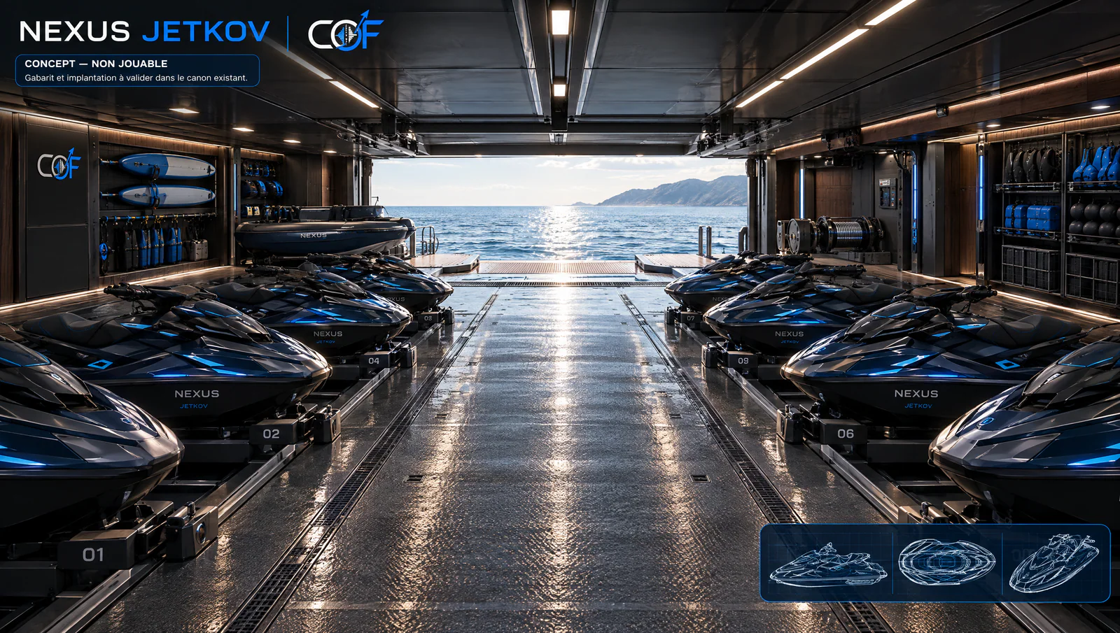 Étude d'aménagement du garage JETKOV pour les jet-skis et les annexes du NEXUS COF